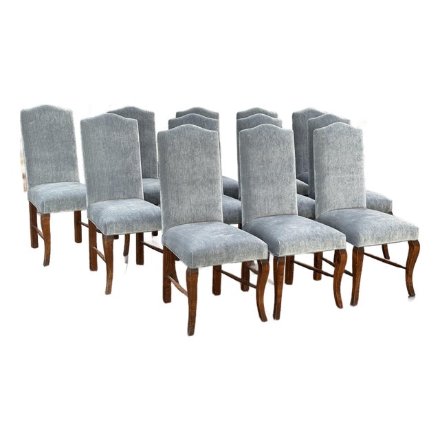 Bespoke Blue Velvet + Oak Wood Dining Chairs, Set of Twelve For Sale