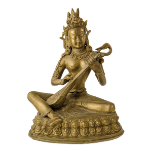 Antique Brass Bodhisattva Playing Lute – Seated on Lotus Pedestal, 12” Tall