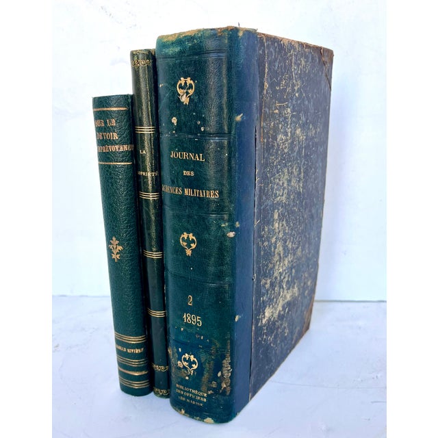 French Antique French Green Leather Bound Books - Set of 3 For Sale - Image 3 of 13