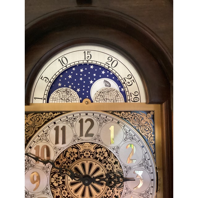 Cherrywood Ethan Allen 1979 Tall Case Grandfather Clock With Moving Moon Dial and 3 Phase Westminster Chimes For Sale - Image 10 of 12
