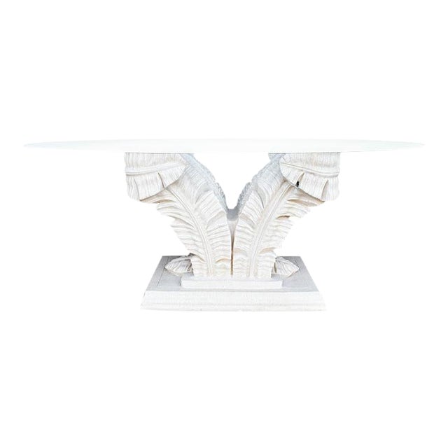 Sculptural Oval White Faux Bois Plaster Resin Palm Leaf Dining Table With Glass Top - Seats 4 For Sale