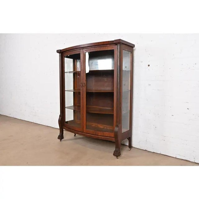 Victorian R. J. Horner Style Antique American Empire Oak Bow Front Bookcase Cabinet With Lion's Paw Feet, Circa 1890 For Sale - Image 3 of 12