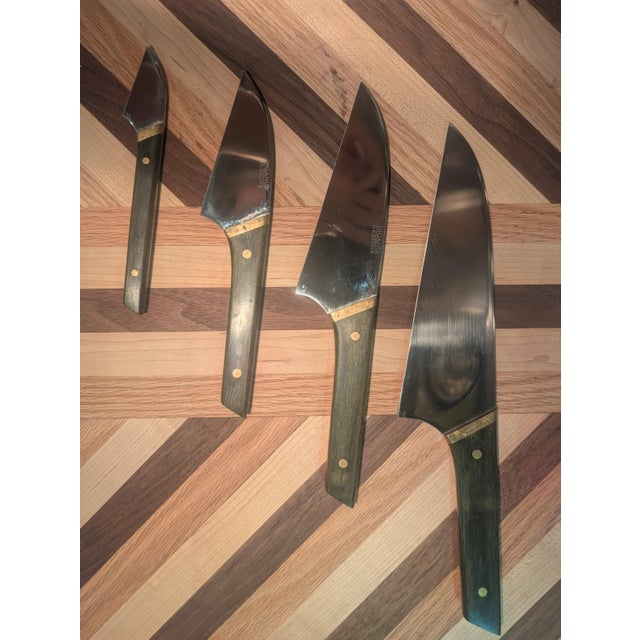 Complete with original knife block, rarely used found in storage. Blades: reverse-tanto / kiritsuke profile — angled...
