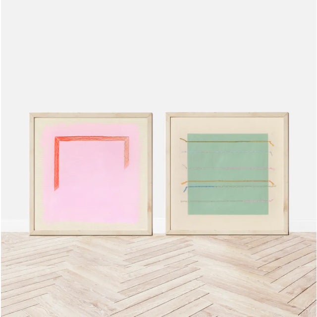 Pair of Sage Green and Bright Magenta Pink Abstract Art Prints | Set of 2, 20 X 20 Prints in Wood Frames For Sale - Image 4 of 4
