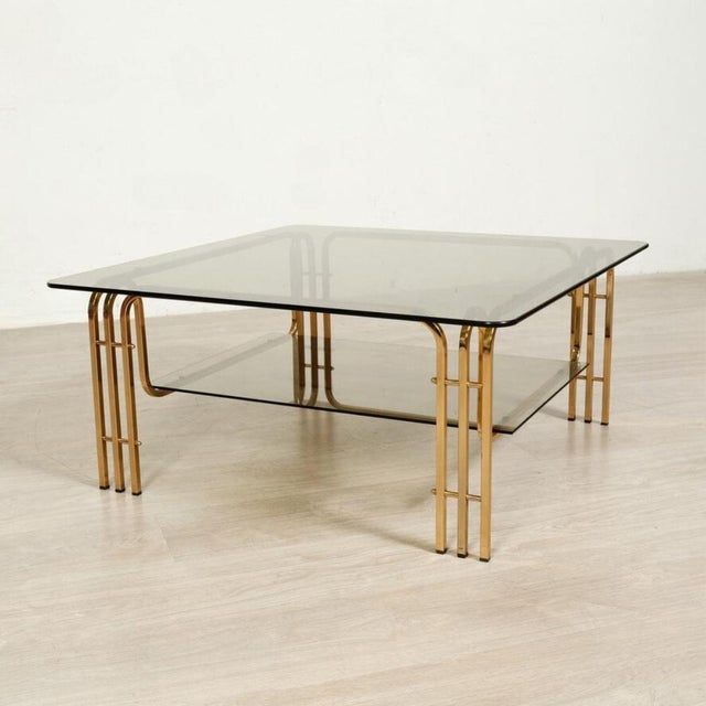 Coffee Table in Gold-Colored Metal & Smoked Glass, 1970s For Sale - Image 3 of 18