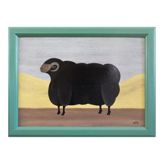 Contemporary 'Prize Black Ram' Original Naïve Style Animal Oil Painting by British Artist Matt Rix, Framed For Sale