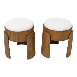 Art Deco Ash Wood Stools in White Bouclé, 2000, Set of 2 For Sale