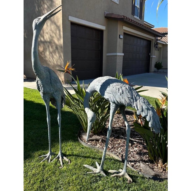 1920s Monumental Pair of Life-Size Bronze Crane Garden Sculptures With Verdigris... For Sale - Image 10 of 18