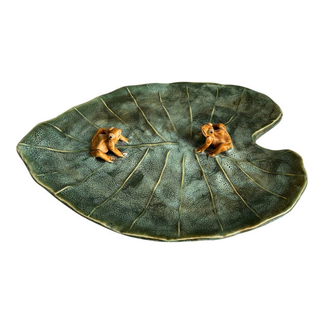 Vintage Boho Studio Art Pottery Lotus Leaf With Frogs Decorative Plate For Sale