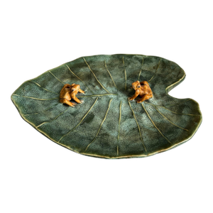 Vintage Boho Studio Art Pottery Lotus Leaf With Frogs Decorative Plate