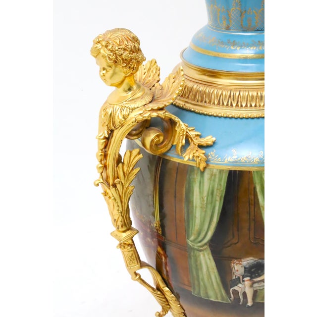 Metal Large & Impressive Antique Dresden Porcelain Ormolu Mounted Hand-Painted Urn For Sale - Image 7 of 10
