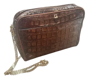 1980s High Quality Embossed Brown Leather and Brass Shoulder Bag by Gherardini