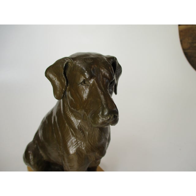 Bronze Bronze Dog Statue Lab, Labrador Sitting Wooden Bace Artist Signed: Name? & 1995 For Sale - Image 8 of 12