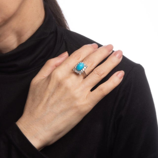 1ct Diamond Turquoise Square Ring Vintage 18k White Gold Cocktail Jewelry size 7.5 For Sale In Los Angeles - Image 6 of 6