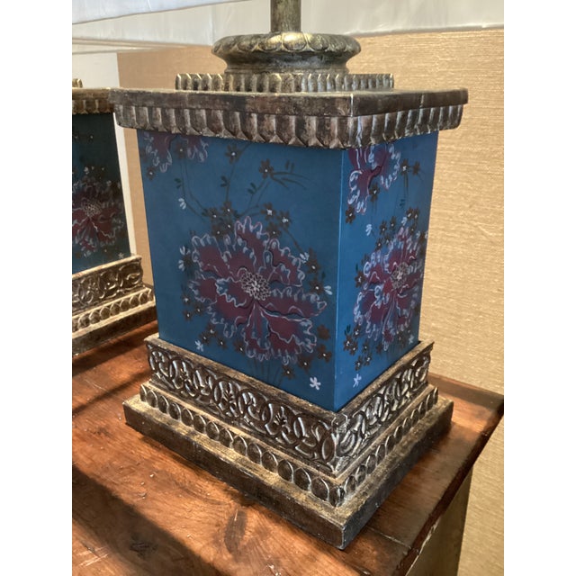 Blue Vintage Chinoiserie Teal Floral & Gilt Architectural Table Lamps - a Pair For Sale - Image 8 of 12