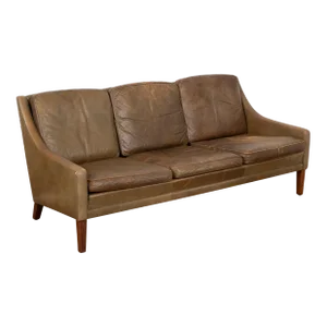 Mid Century Vintage Brown Leather Three Seat Sofa, Denmark Circa 1960-70
