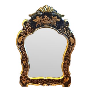 Antique Black Mirror Lacquer Painted Italian Chinoiserie - Cherubs Figures For Sale
