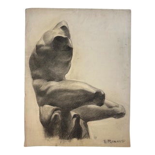 Antique 19th C. French Charcoal Study of Greek Sculpture in Wove Paper, Signed For Sale