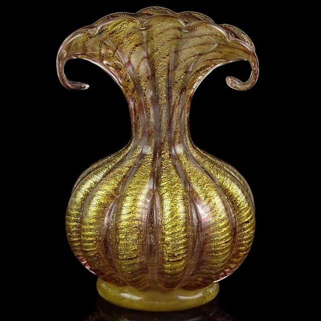 Mid-Century Modern Vintage Murano Barovier Toso Purple Swirl Gold Flecks Italian Art Glass Curled Fan Top Flower Vase For Sale - Image 3 of 11