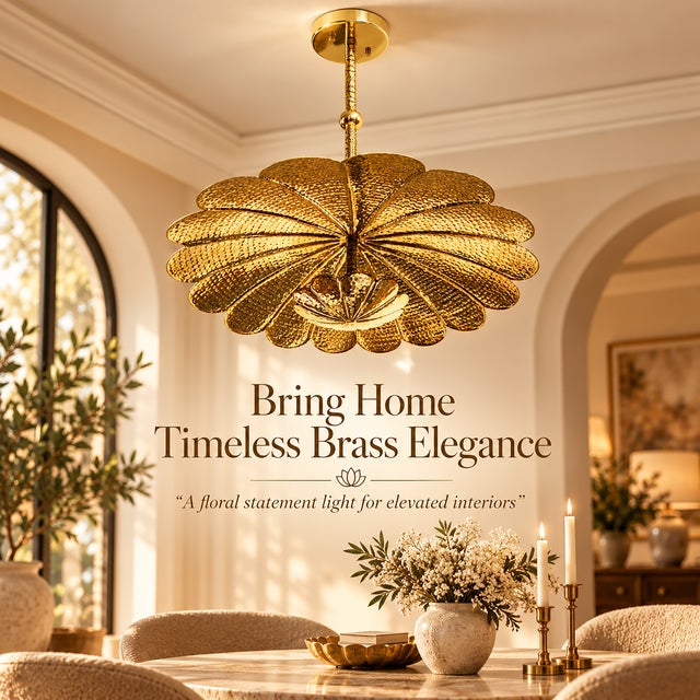 Handmade Brass Floral Ceiling Light, Vintage Lotus Flower Chandelier, Hammered Brass Pendant Light, Scalloped Ceiling Fixture For Sale - Image 10 of 13