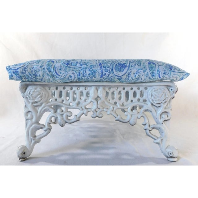 Mid 20th Century Vintage Mid Century Cast Iron Roses Blue & White Upholstered Footstool For Sale - Image 5 of 8