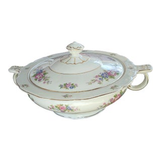 Vintage 1930s Floral 22 Karat Gold Trim Round Covered Vegetable Dish by Victoria Czechoslovakia For Sale
