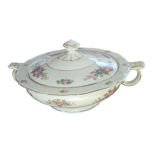 Vintage 1930s Floral 22 Karat Gold Trim Round Covered Vegetable Dish by Victoria Czechoslovakia