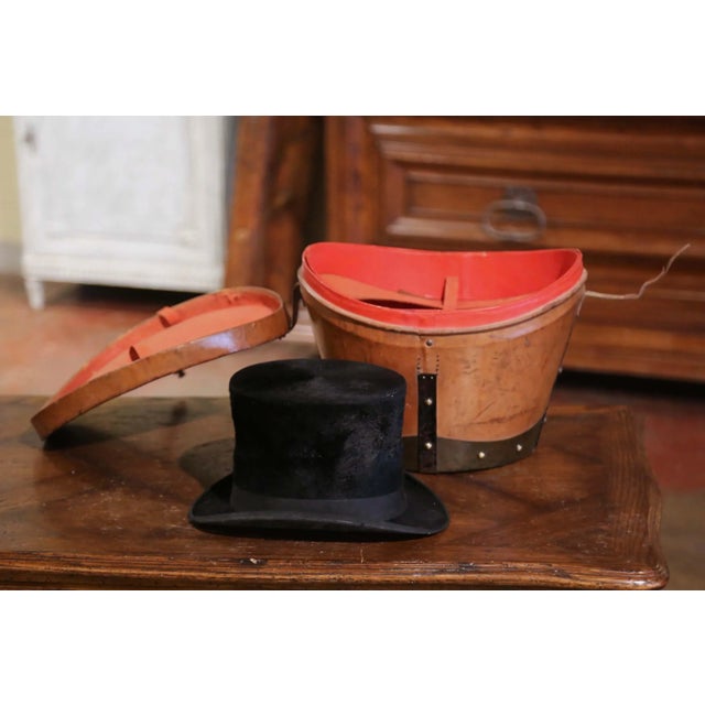 19th Century French Leather Hat Box With Original Top Hat Rouen For Sale - Image 9 of 13