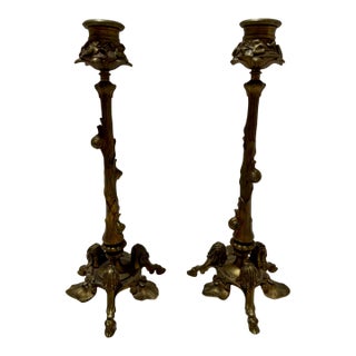 Early 19th Century Pair Ornate Gothic Revival Brass Candlesticks Hoof Feet Floral Tripod Bases For Sale