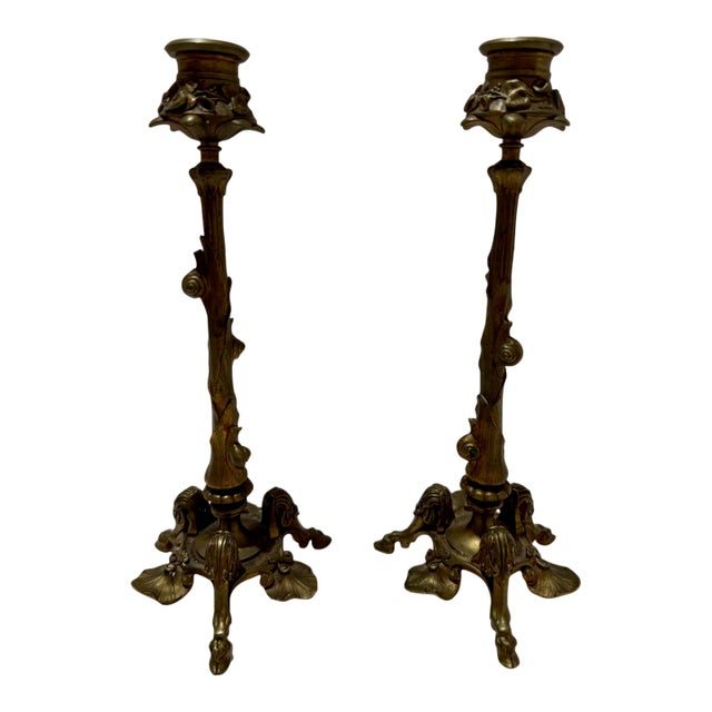 Early 19th Century Pair Ornate Gothic Revival Brass Candlesticks Hoof Feet Floral Tripod Bases For Sale
