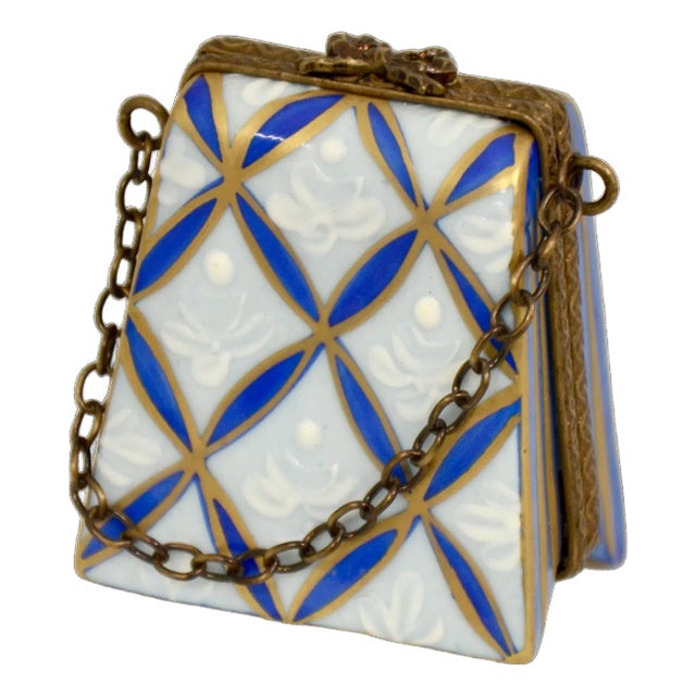 Limoges Blue & Gold Purse Trinket Box For Sale
