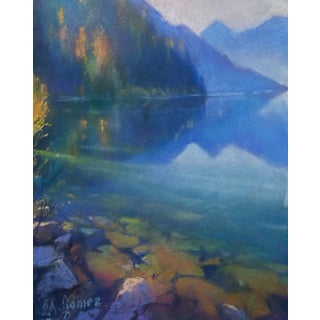 Lake Crescent by Bruce A Gómez | Pastel Landscape of a tranquil lake surrounded by mountains For Sale