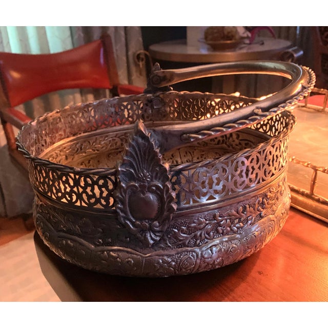 Silver Plate Repousse Basket with Handle For Sale - Image 9 of 10