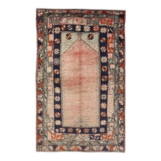 Vintage Turkish Oushak Rug Featuring a Soft Coral Field With Navy, Sage Green 3'8" X 6'2" For Sale
