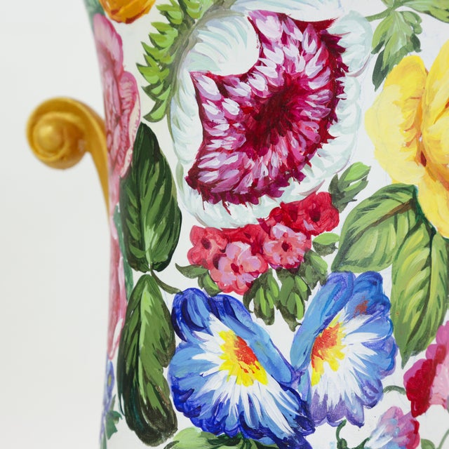 Vintage Floral Hand-Painted Brunschwig & Fils Wooden Table Lamps With Green Faux Marble Bases For Sale - Image 9 of 17