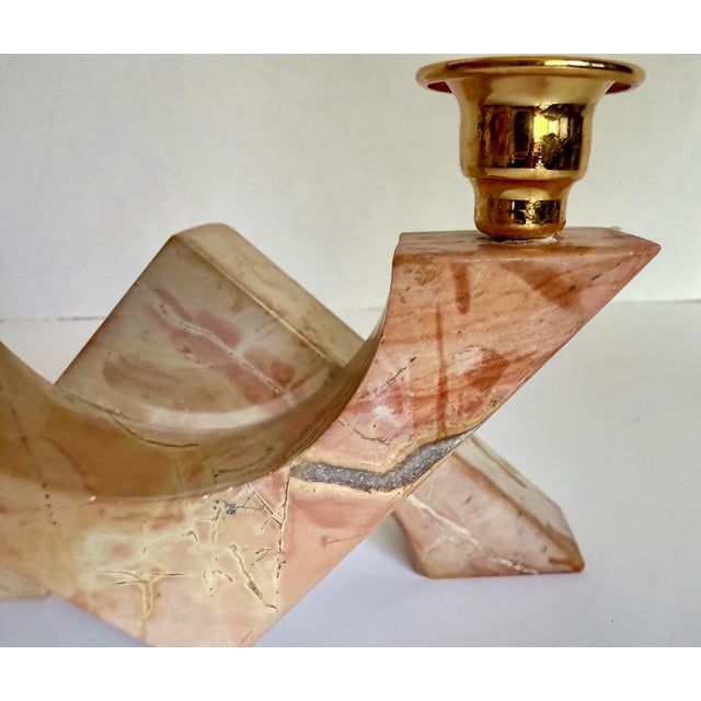 Vintage Postmodern Pink Marble Sculptural Double Candle Holder For Sale - Image 4 of 9