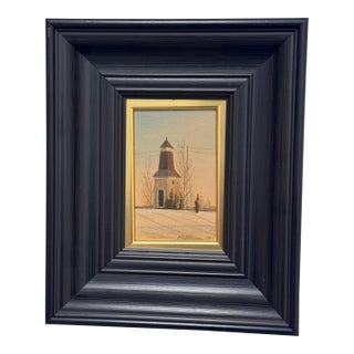 Circa 1991 Finnish Risto Vilhunen Church Oil Painting in Triple Wide Frame For Sale