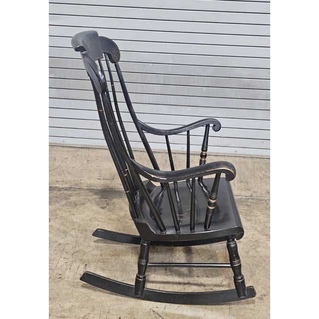Late 20th Century Share Black Hitchcock Style Windsor Arm Rocking Chair Harvest Stencil Gold Accents For Sale In Cleveland - Image 6 of 8