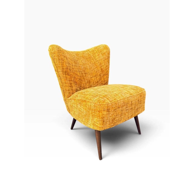 Pair of Danish Modern Cocktail Chairs | Curved Winged Backs in Golden Mustard Tweed | Tapered Wood Legs | C. 1950s For Sale - Image 9 of 15
