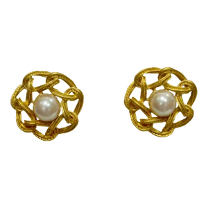 1980s Richelieu Carved Matte Gold Modernist Glass Pearl Earrings, 2 Pieces