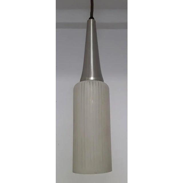 Vintage Ceiling Lamp with White Patterned Cylindrical Glass Screen, 1970s, in Good conditions. Designed 1970 to 1979...