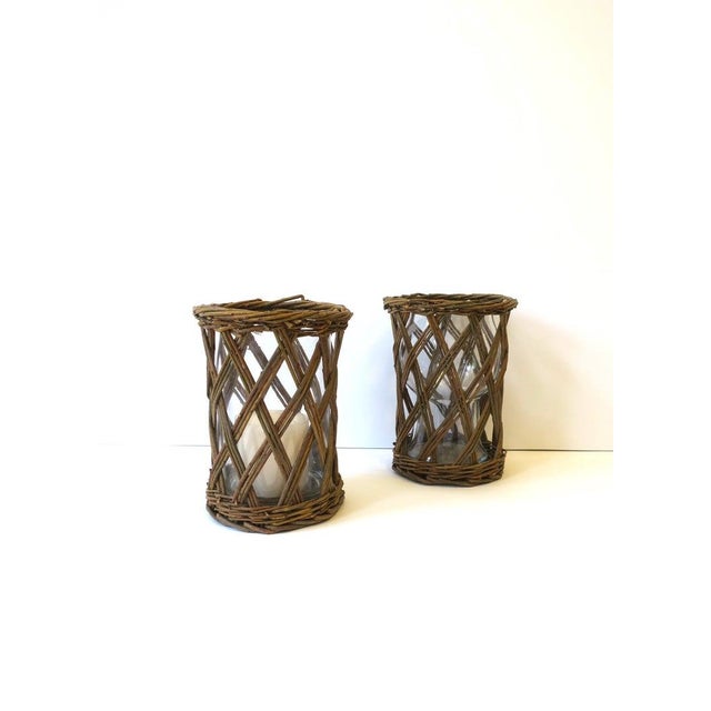 Hurricane Candles Lamps Wicker and Glass, Pair For Sale - Image 4 of 9