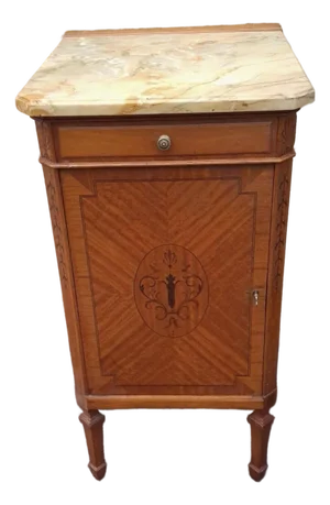 1900-1909 Edwardian Marquetry Inlaid Mahogany and Marble Top Four-Drawer Side Cabinet
