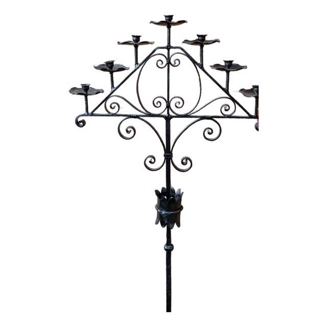 Antique Black Wrought Iron Floor Standing Candlabra For Sale