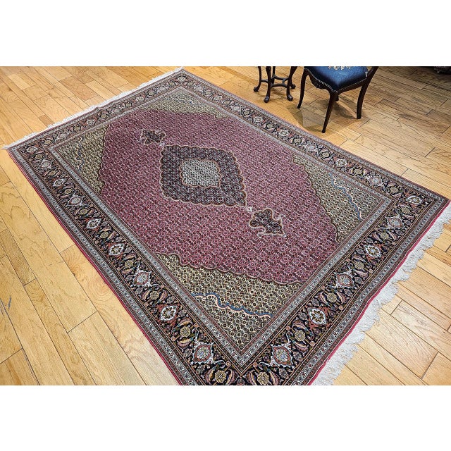Red Antique Persian Tabriz Mahi Rug, Hand-Knotted Wool & Silk, Herati Geometric Pattern, Pomegranate Red & Tan, 7x10 For Sale - Image 8 of 18