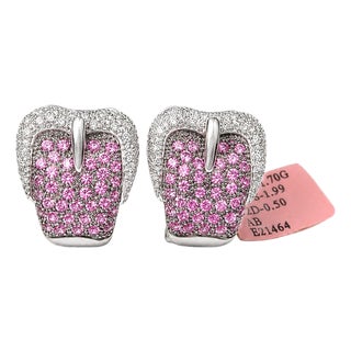 Late 20th Century Pair of 14K White Gold Estate Diamond & Pink Sapphire Buckle French Clip Earrings For Sale