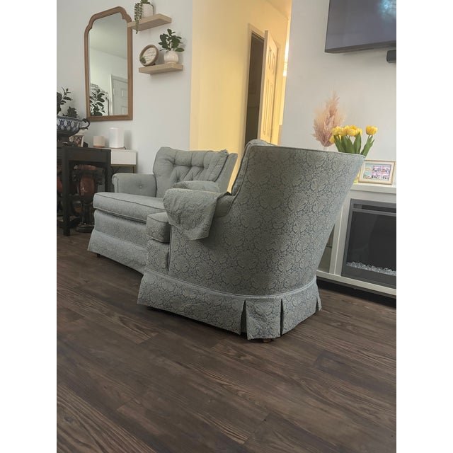 Vintage Mid-Century Tufted Damask Skirted Club Chairs - Attributed to Ethan Allen (A Pair) For Sale In Houston - Image 6 of 12