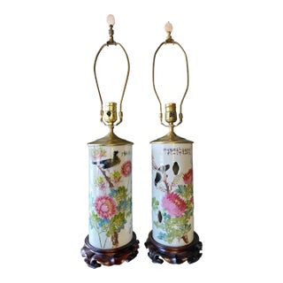 Vintage Chinese Porcelain Bird and Floral Table Lamps - a Pair For Sale