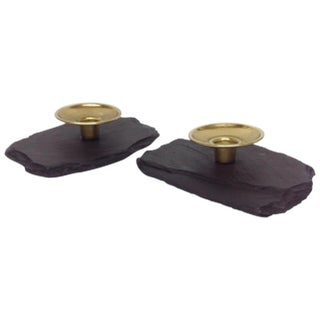 Black Slate & Solid Brass Candle Holders - A Pair For Sale