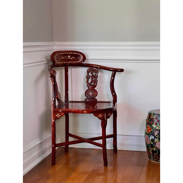 Pair of Chinese Rosewood Corner Chairs With Mother-of-Pearl Inlay, C. 1940 For Sale - Image 17 of 18